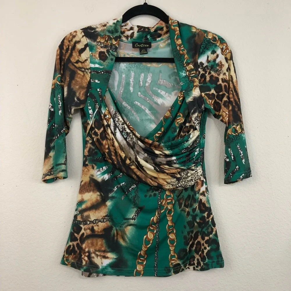 Cartise Green Animal Print Rope Chain Faux Wrap Drape Cowl Neck Blouse Z3